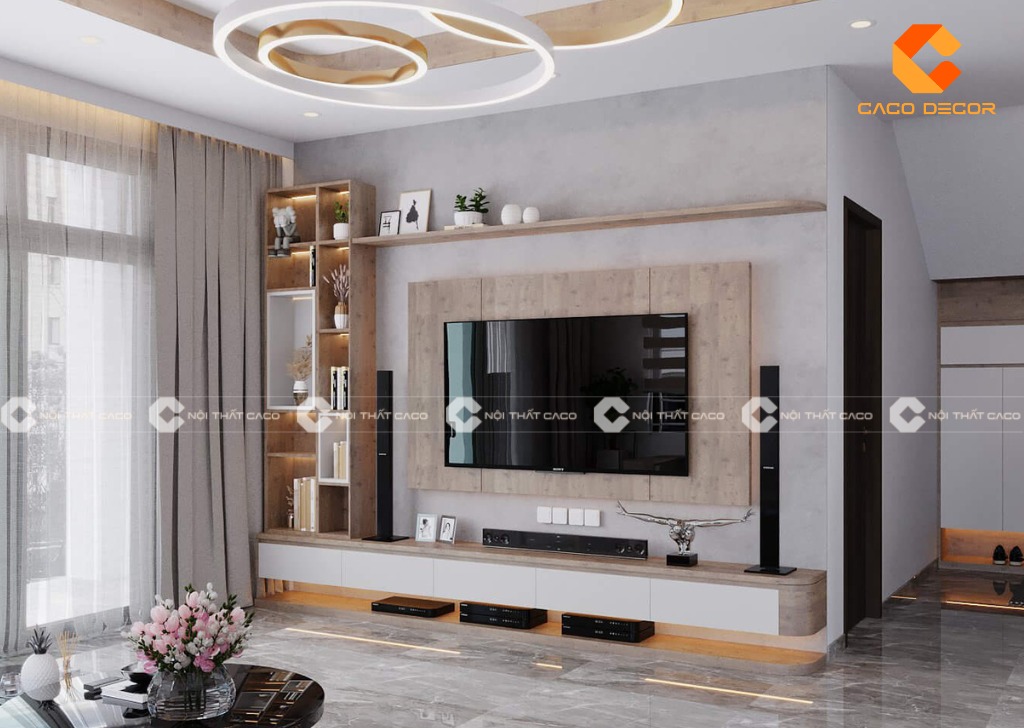 Kệ tivi treo tường tạo nên phần thẩm mỹ cho phòng khách 