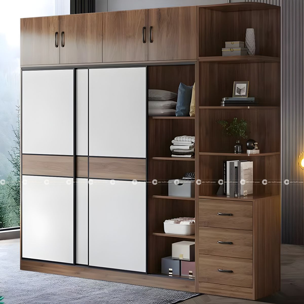 Tủ áo cửa lùa gỗ MDF kết hợp kệ trang trí