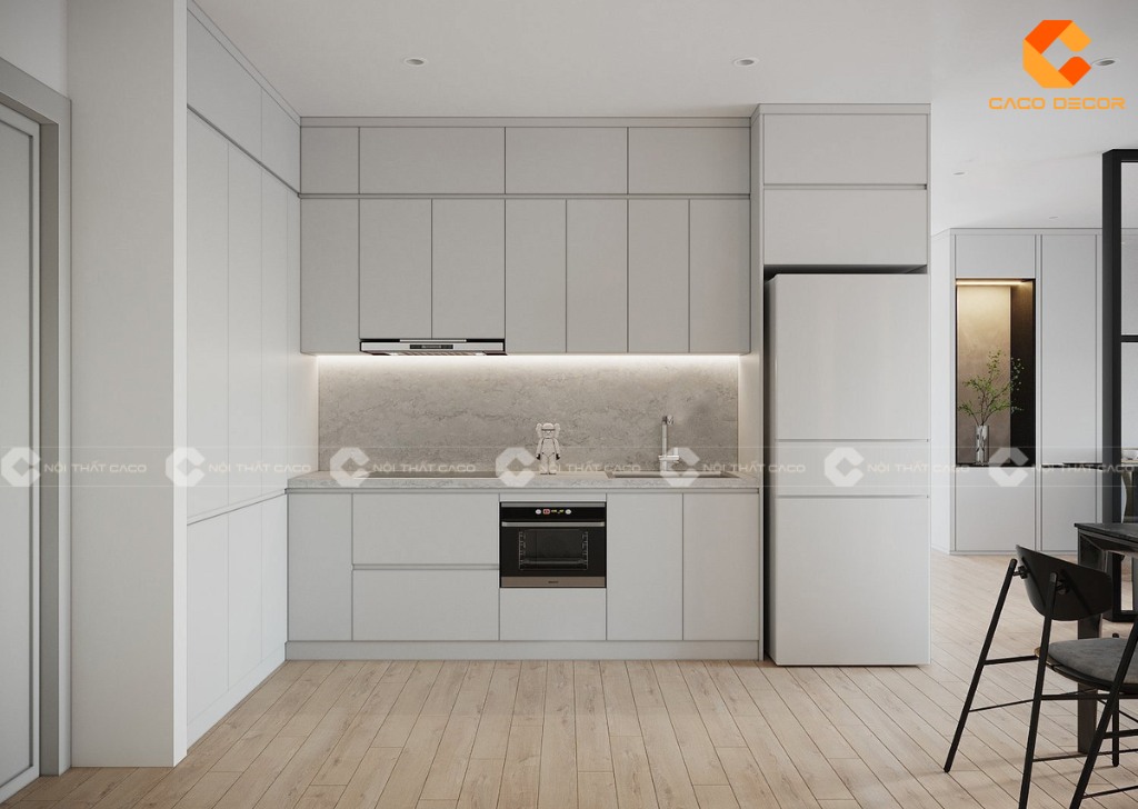 Tủ bếp gỗ công nghiệp màu trắng tiện nghi hiện đại 