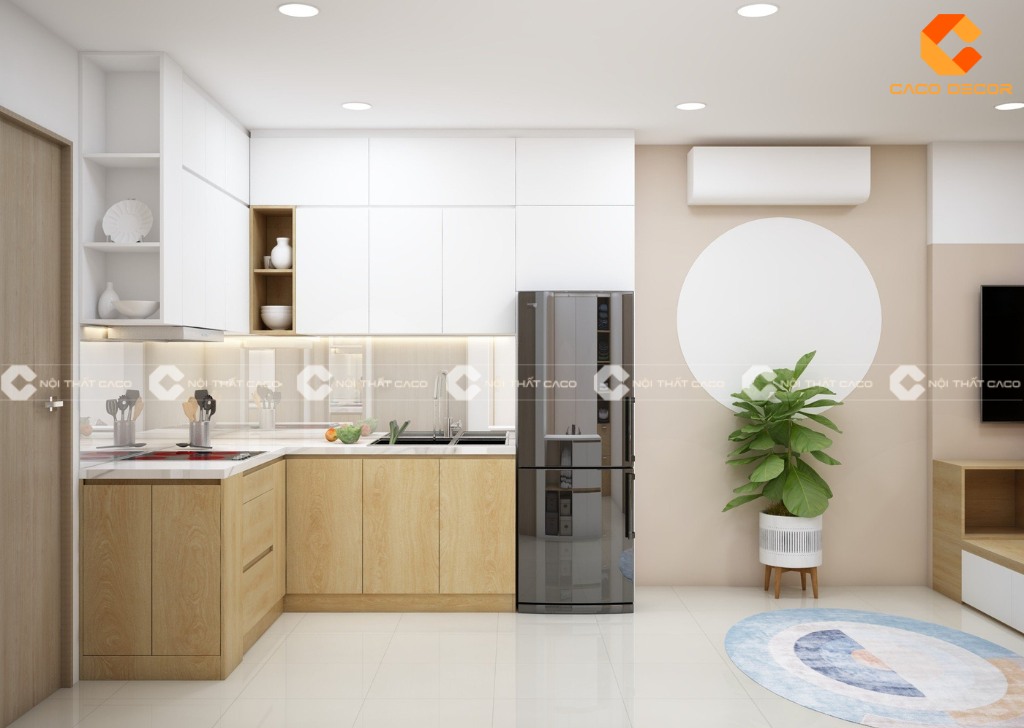 Tủ bếp gỗ công nghiệp màu vàng phối trắng 