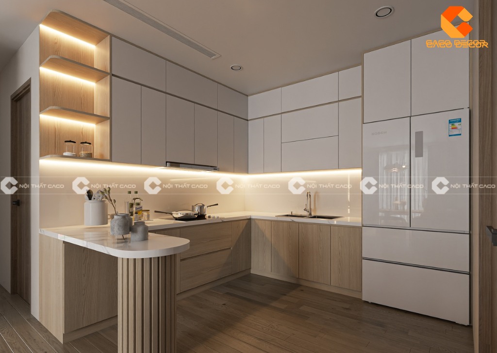 Tủ bếp chữ U màu vàng gỗ sồi phối trắng hiện đại