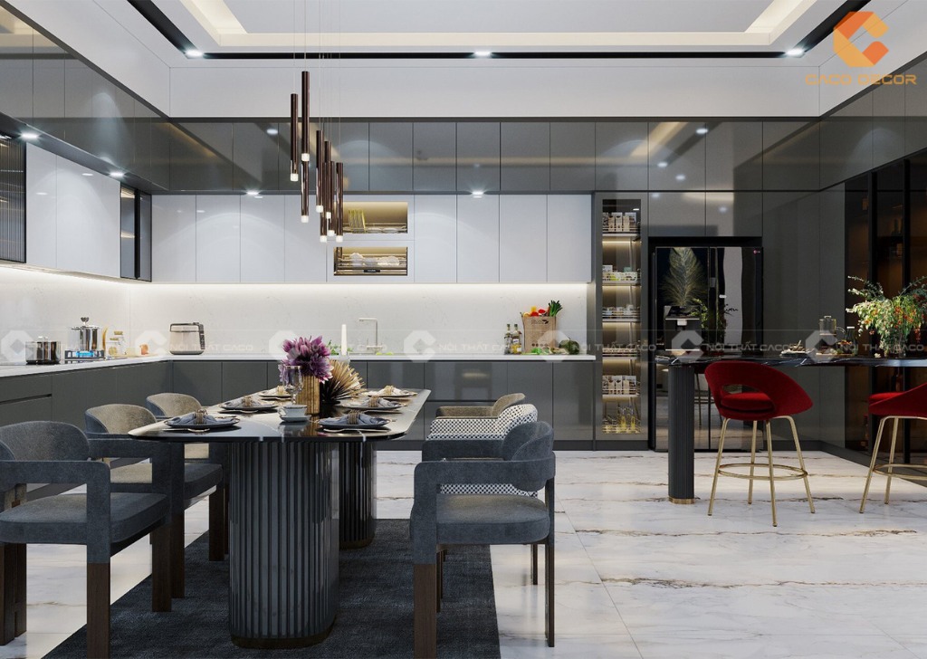 Tủ bếp MDF phủ melamin chữ L cho nhà có diện tích lớn 