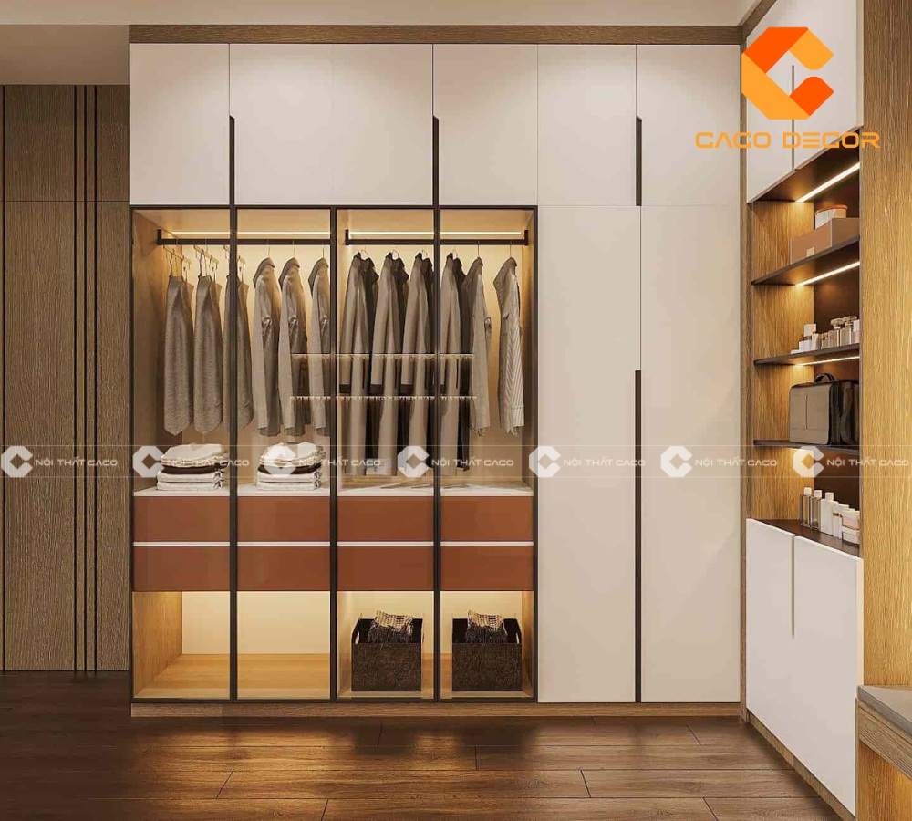 Tủ quần áo cánh kính cửa mở kết hợp đèn led hiện đại