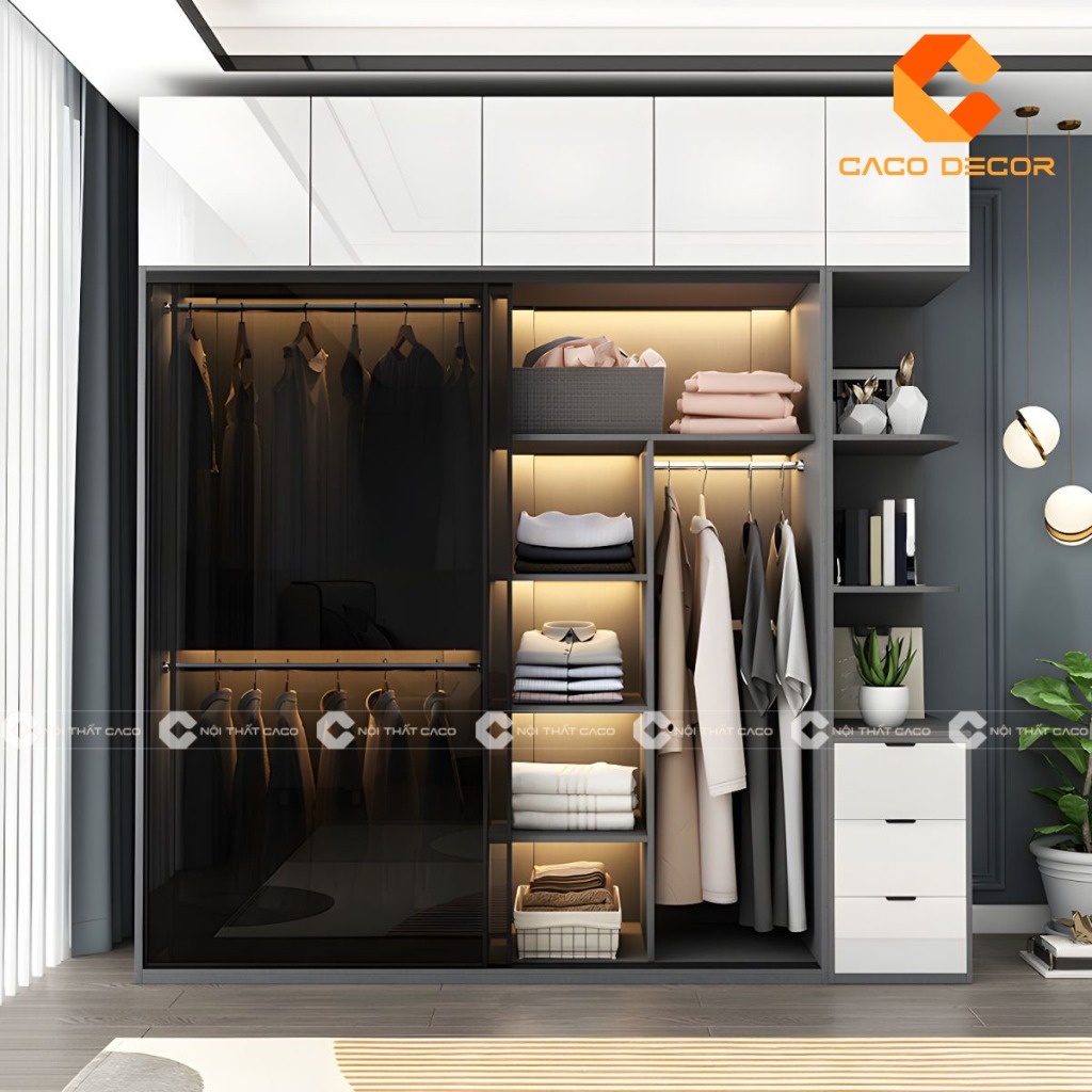Thiết kế tủ quần áo cửa lùa kết hợp kính sang trọng