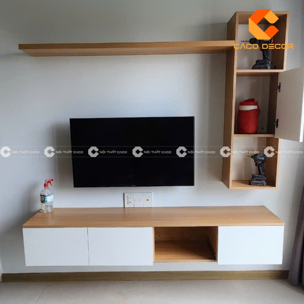 Mẫu 03 kệ tivi thực tế do xưởng sản xuất nội thất gỗ công nghiệp CaCo thực hiện