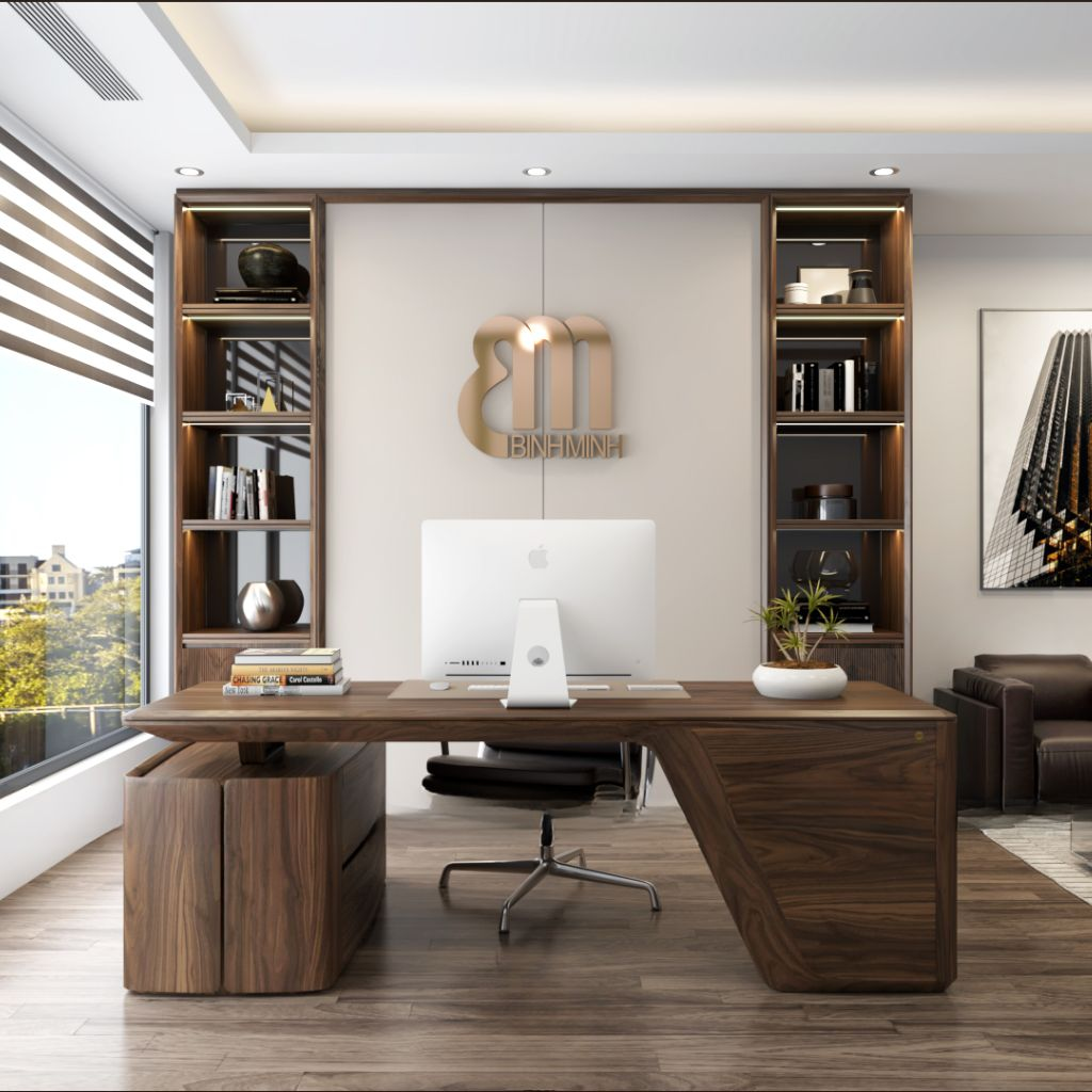 Mẫu bộ bàn làm việc bằng gỗ tự nhiên với thiết kế năng động, sáng tạo