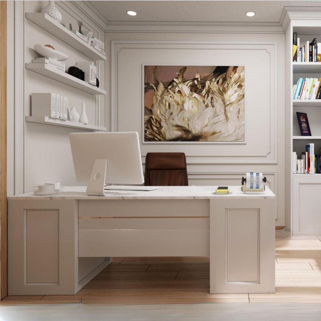 Mẫu bộ bàn làm việc tone trắng hiện đại