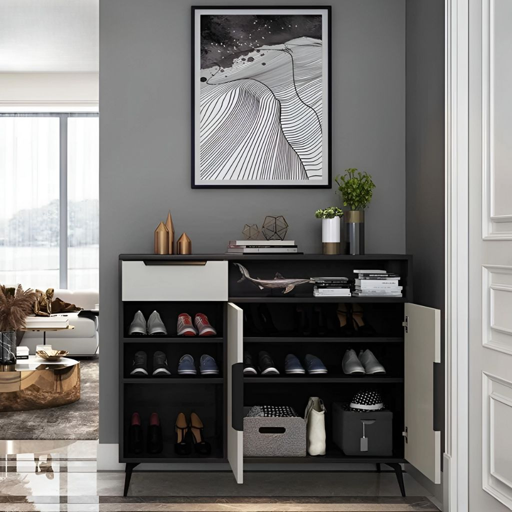 Mẫu tủ giày dép làm từ gỗ công nghiệp MDF trắng đen tối giản