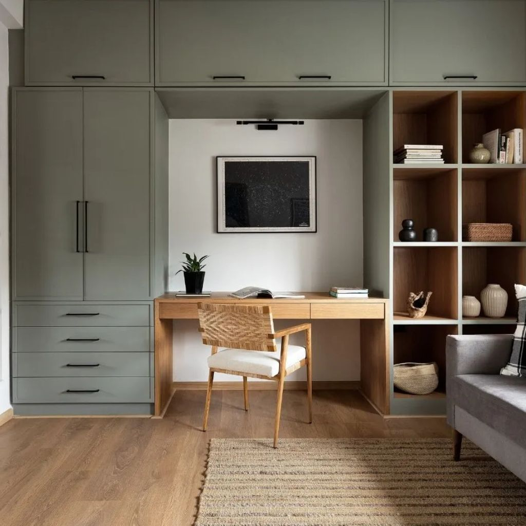 Mẫu tủ quần áo âm tường kết hợp bàn học phối màu ấn tượng