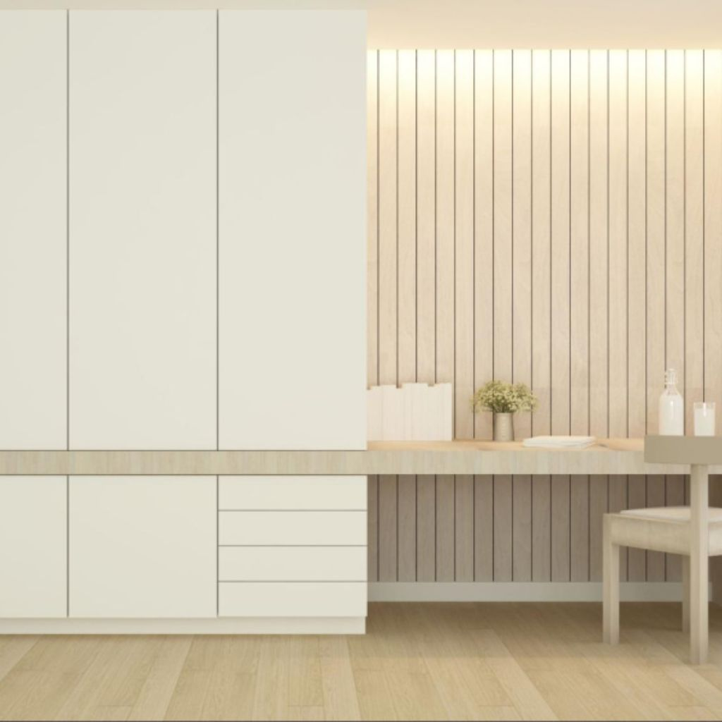 Mẫu tủ quần áo âm tường kết hợp bàn học tối giản