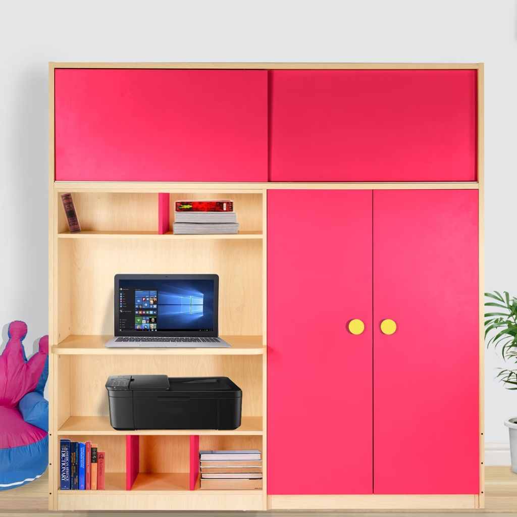 Mẫu tủ quần áo kết hợp bàn học dành cho bé gái màu hồng ấn tượng