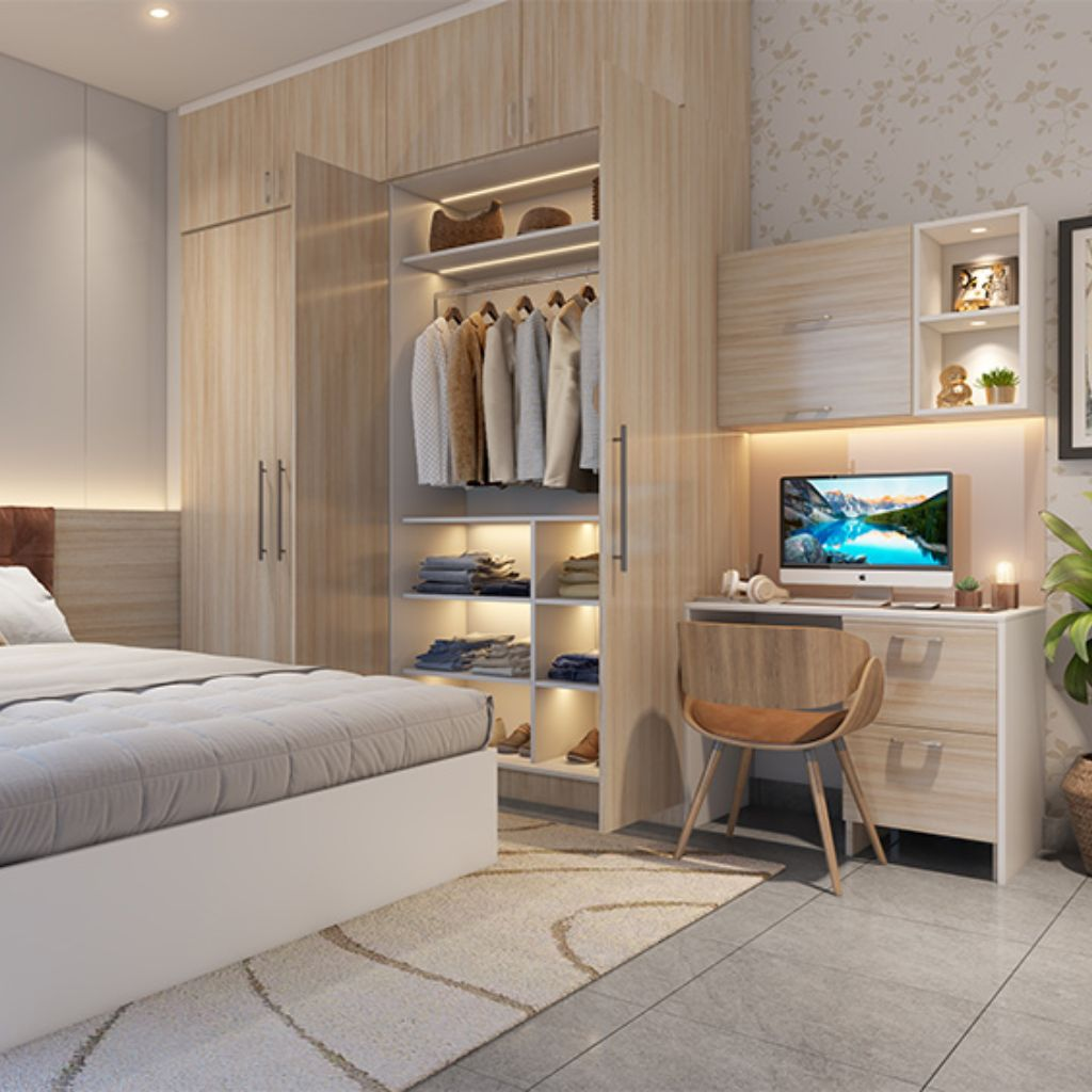 Mẫu tủ quần áo kết hợp bàn học dành cho bé trai đa năng