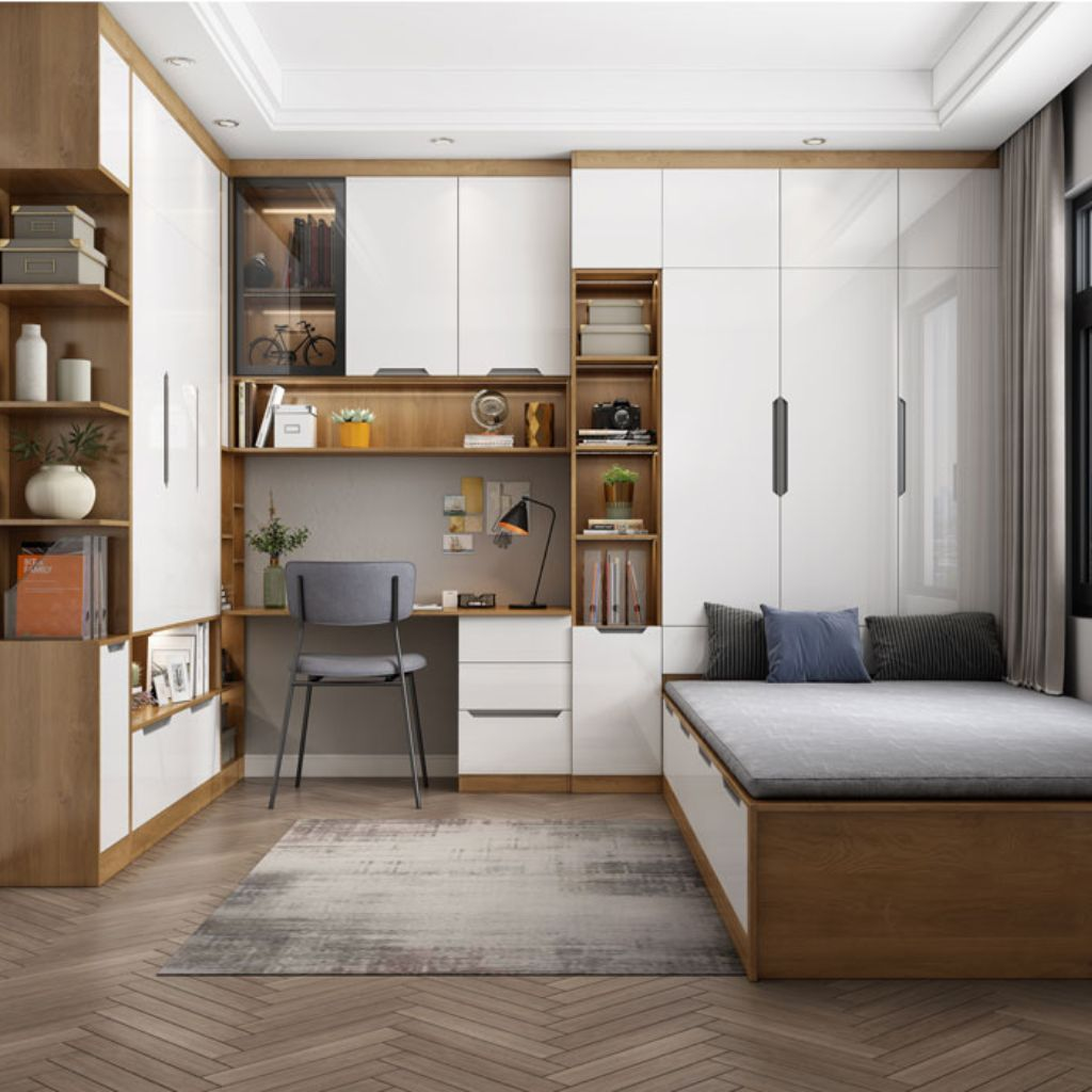 Mẫu tủ quần áo kết hợp bàn học dành cho bé trai