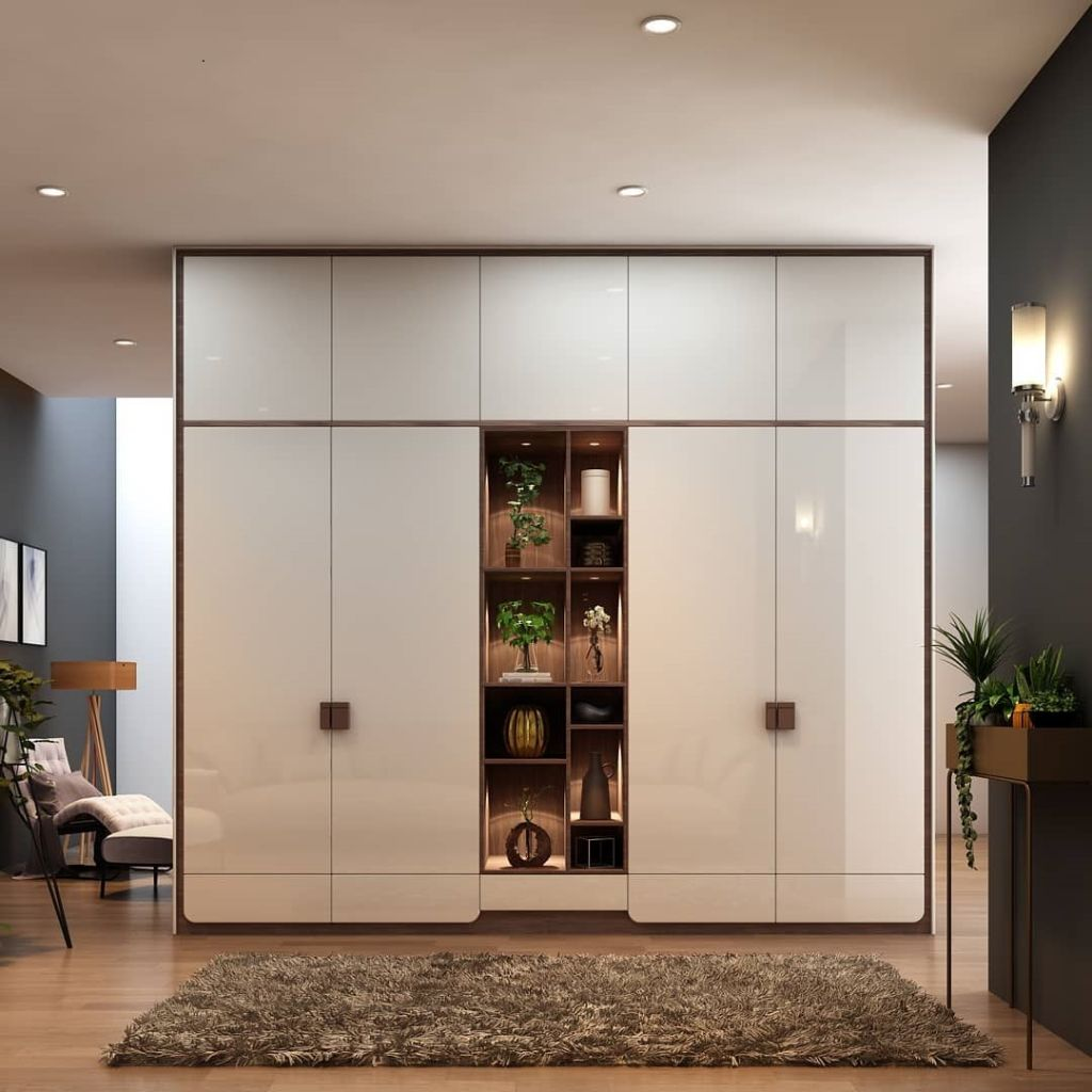 Mẫu tủ quần áo kết hợp kệ trang trí trong căn hộ chung cư