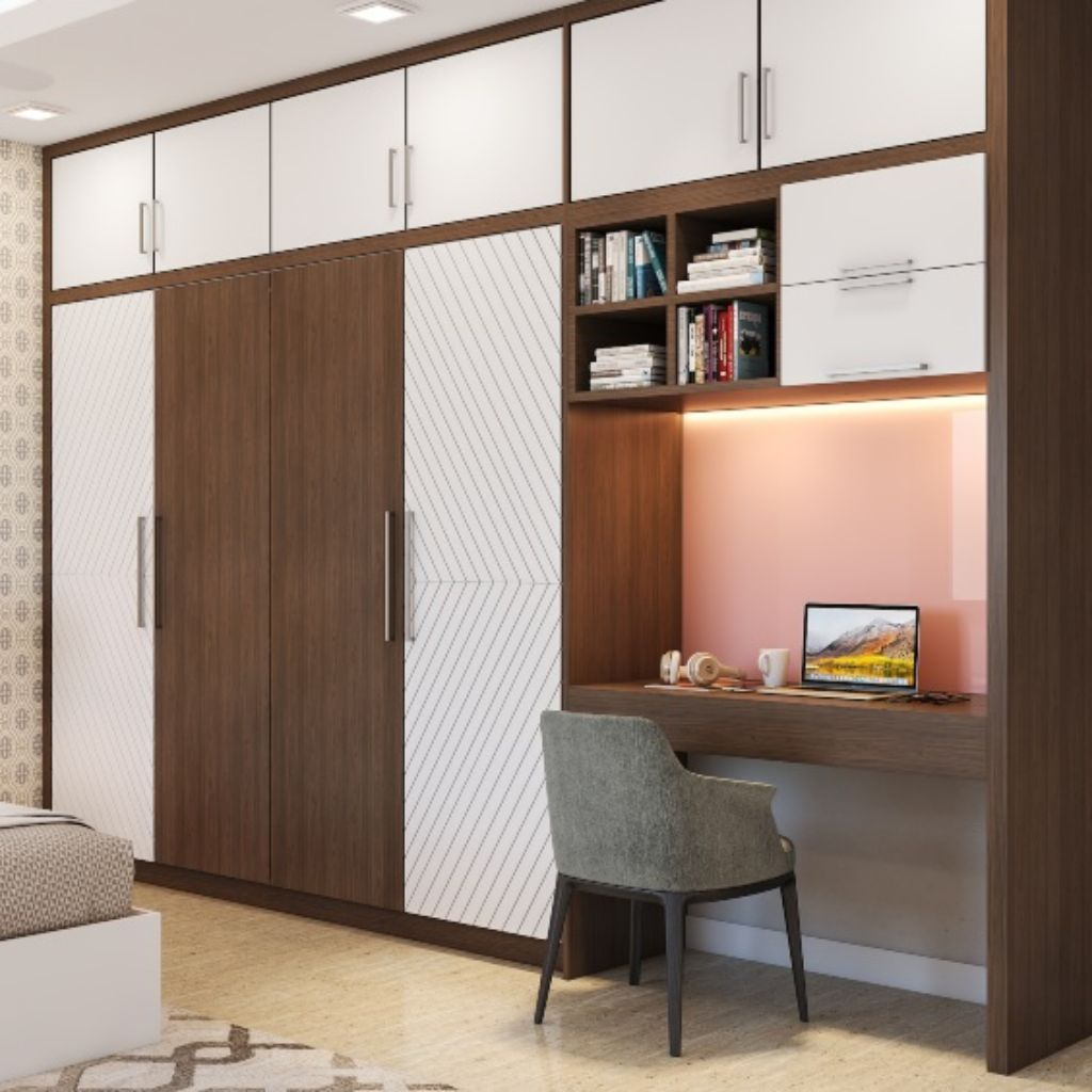 Tủ quần áo liền bàn học có thiết kế các ngăn kéo nhỏ và kệ sách đa năng