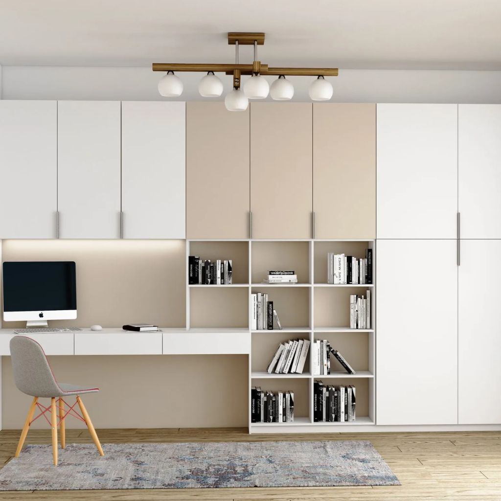 Tủ quần áo liền bàn học có thiết kế các ngăn kéo nhỏ và kệ sách