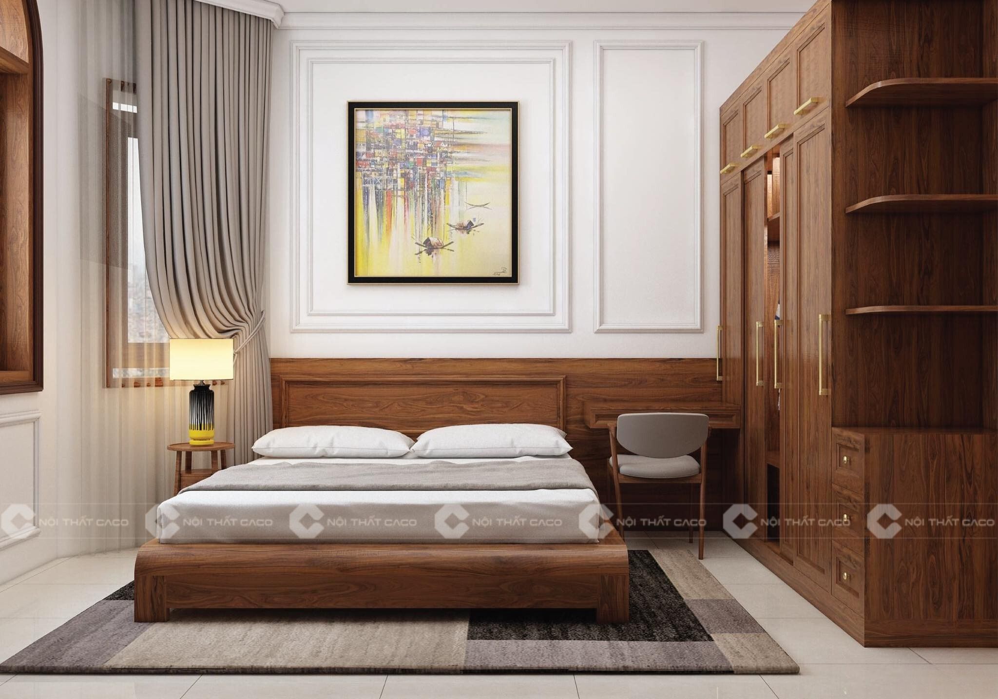 Combo phòng ngủ giường tủ gỗ công nghiệp màu nâu vân gỗ cổ điển