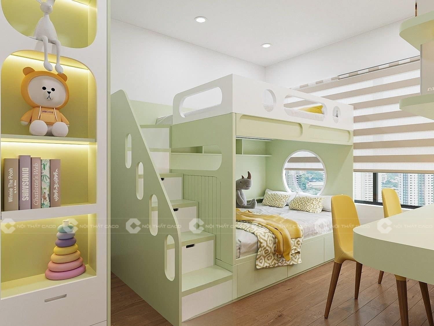 Giường tầng gỗ MDF màu xanh pastel tinh tế