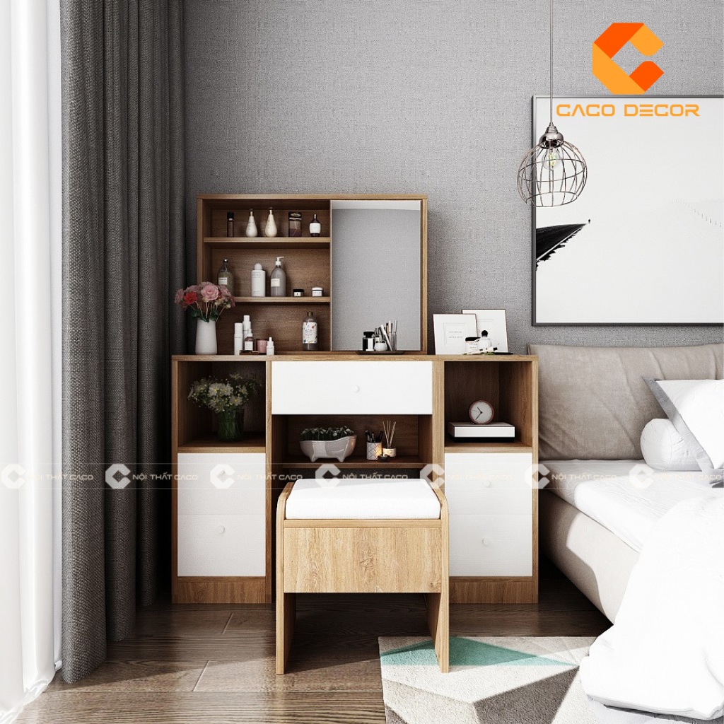 Bàn trang điểm gỗ mdf tích hợp kệ trang trí và đựng đồ