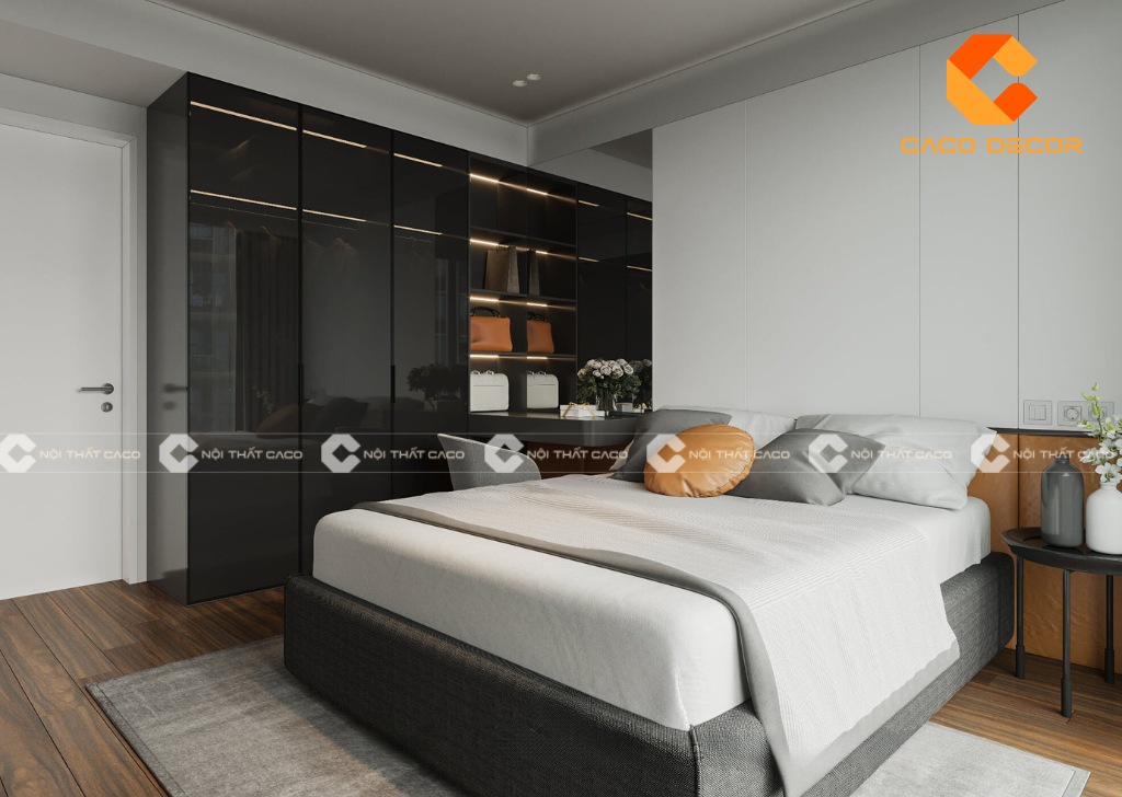 Mẫu phong ngủ vợ chồng với màu đen kết hợp tủ cánh kính hiện đại