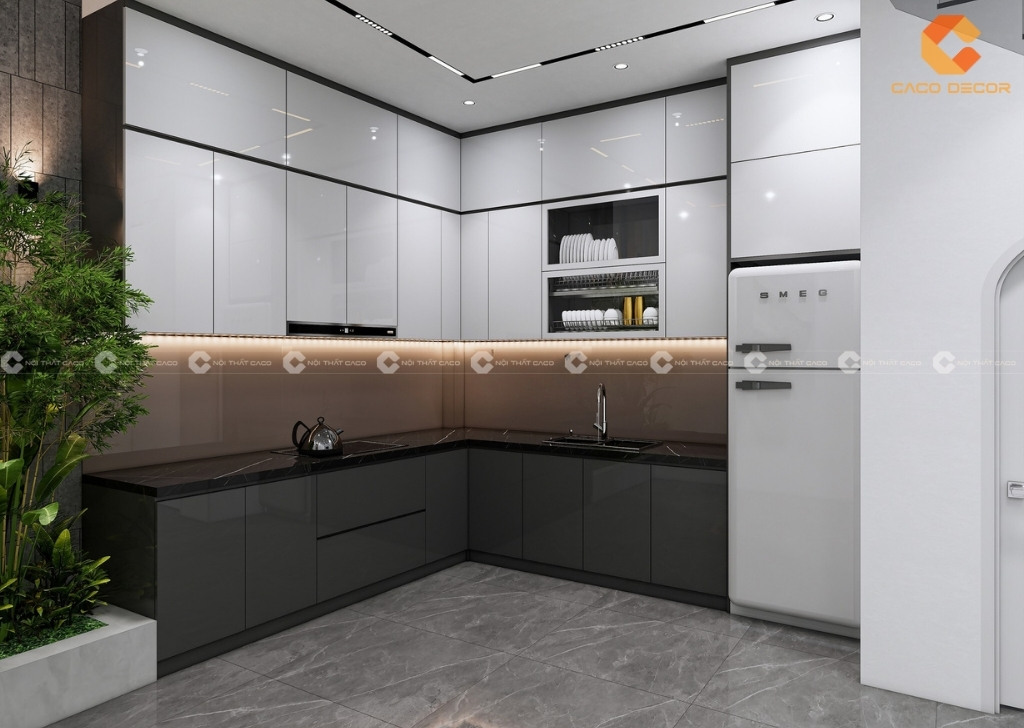 Tủ bếp Phủ Acrylic bóng gương hiện đại