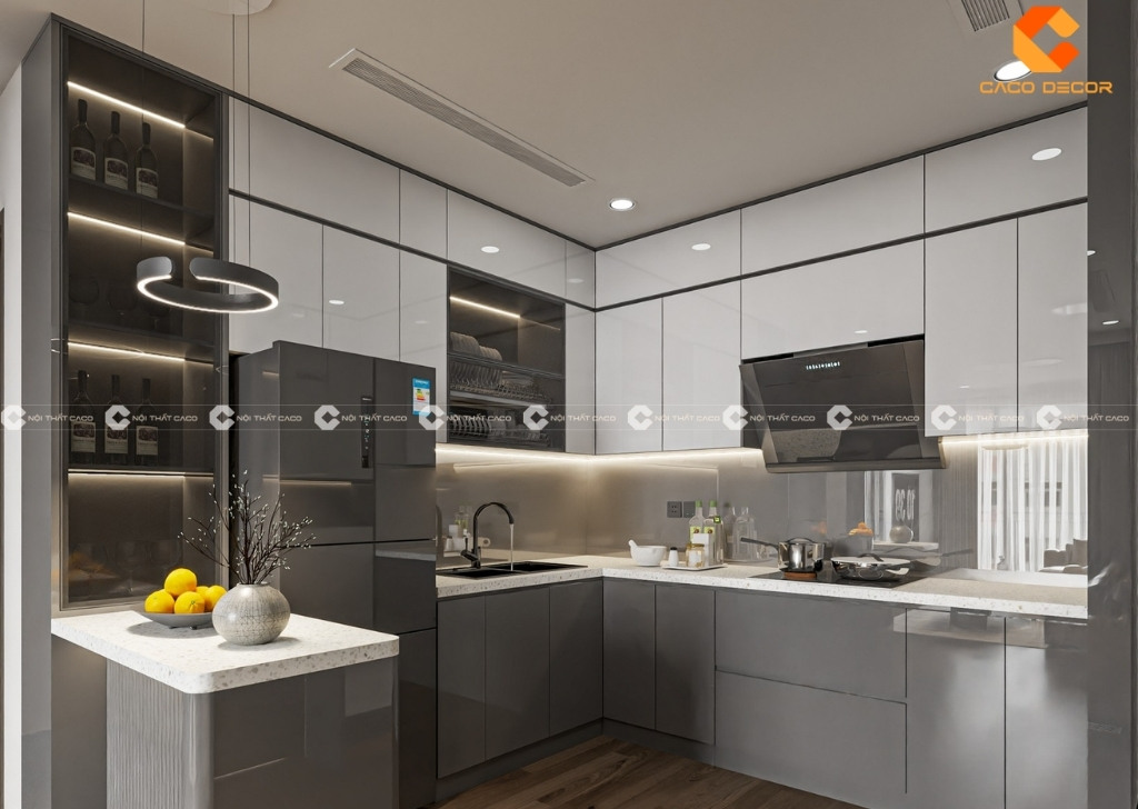Tủ bếp gỗ công nghiệp phủ acrylic bóng gương