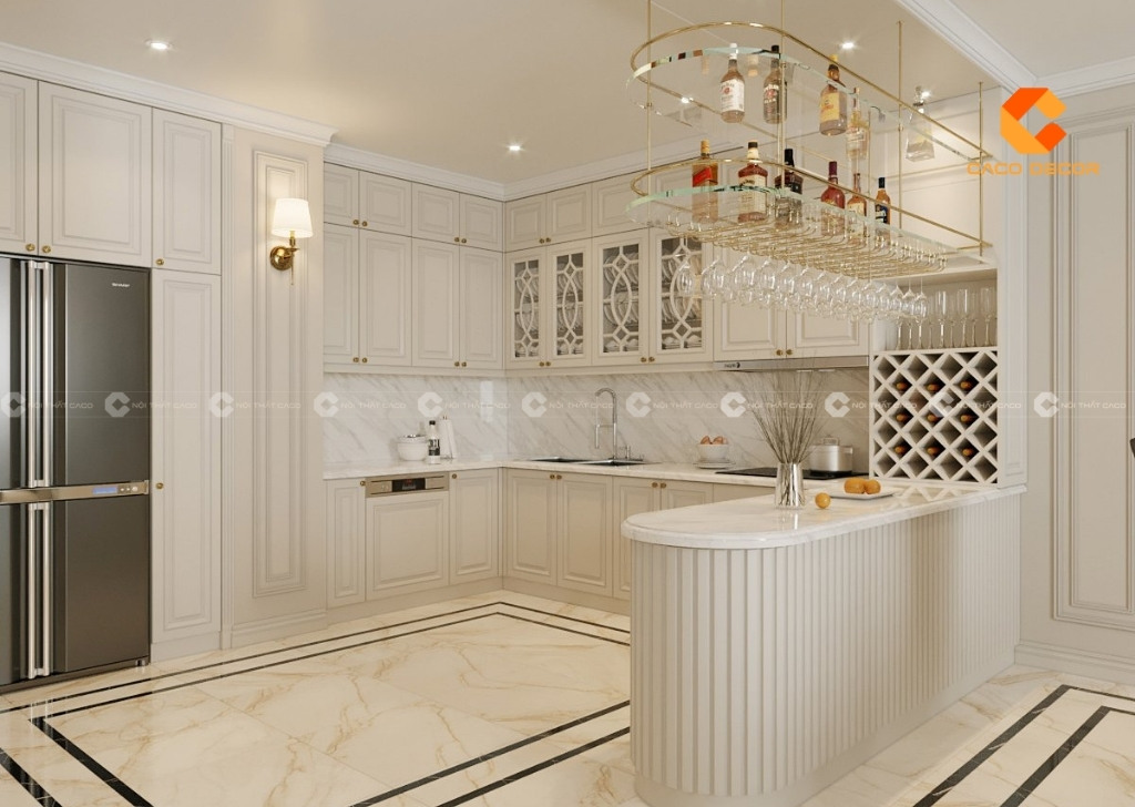 Tủ bếp gỗ sồi phong cách tân cổ điển màu trắng 