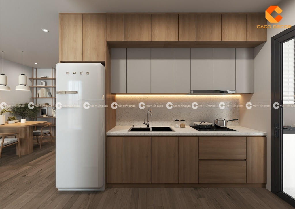 Mẫu bếp tone vàng sồi phối màu kem hiện đại 