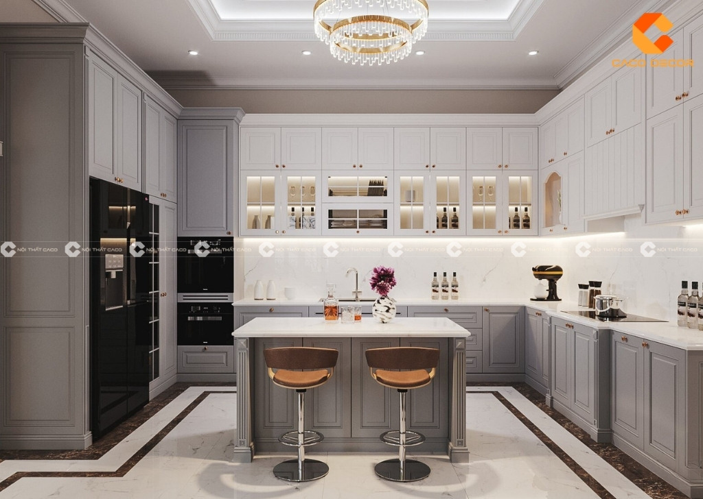 Tủ bếp phong cách tân cổ điển có bàn đảo