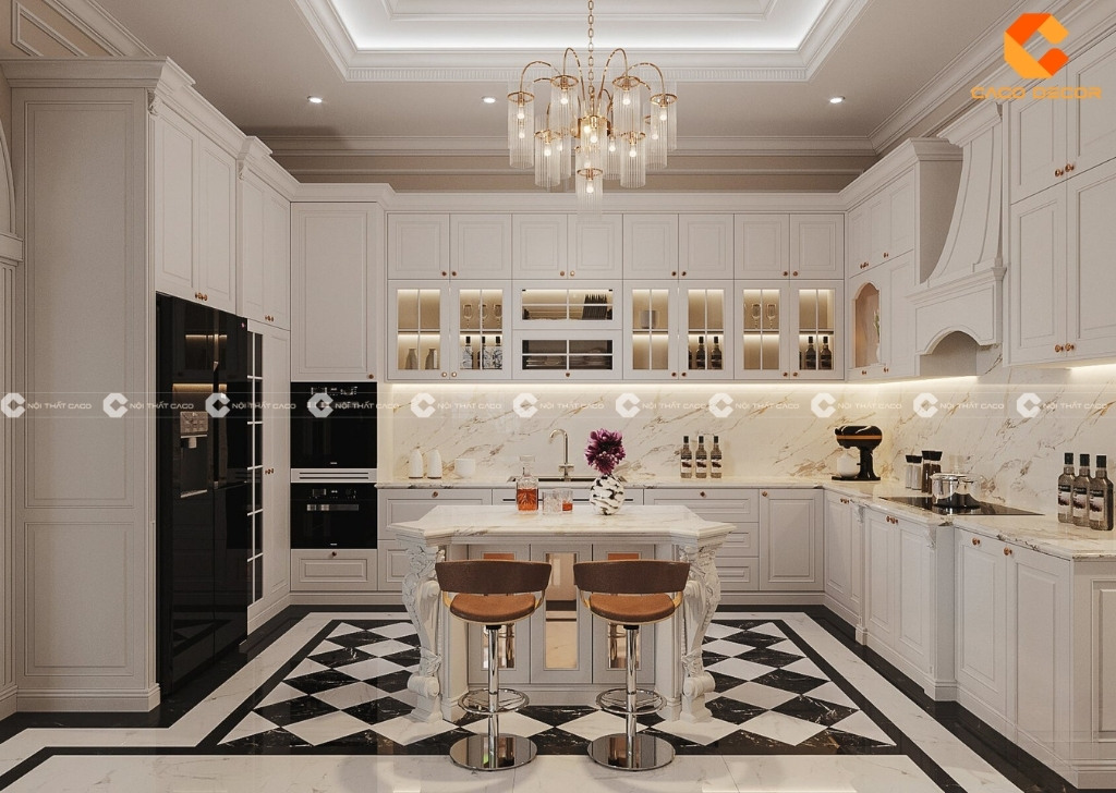 Tủ bếp cổ điển màu trắng chữ U