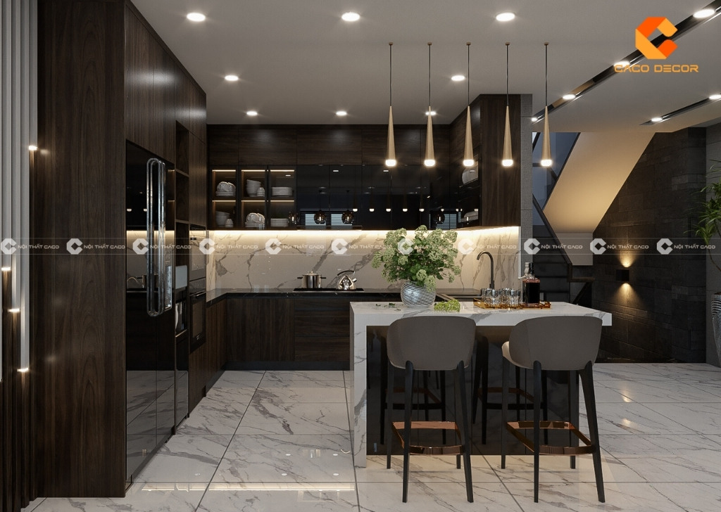 Tủ bếp gỗ công nghiệp hiện đại màu óc chó kết hợp bàn đảo