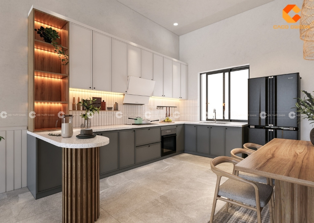 Mẫu tủ bếp chữ L xám trắng