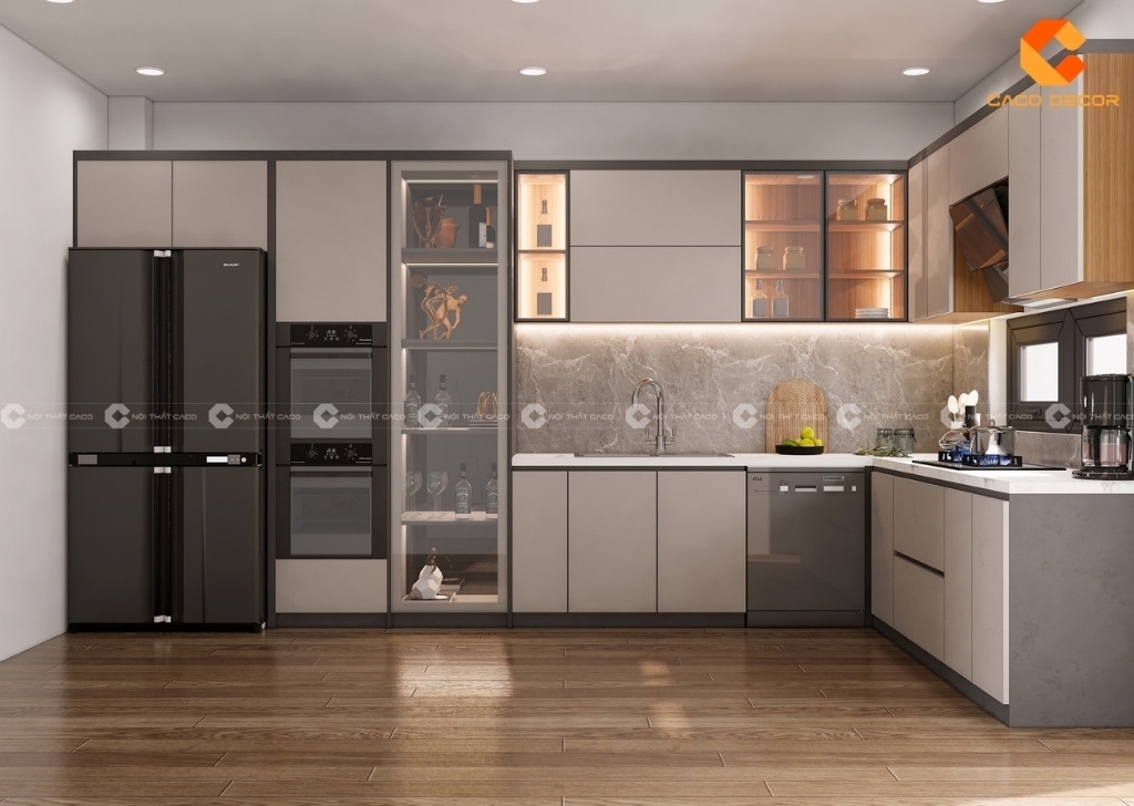 Tủ Bếp xám phối trắng tinh tế