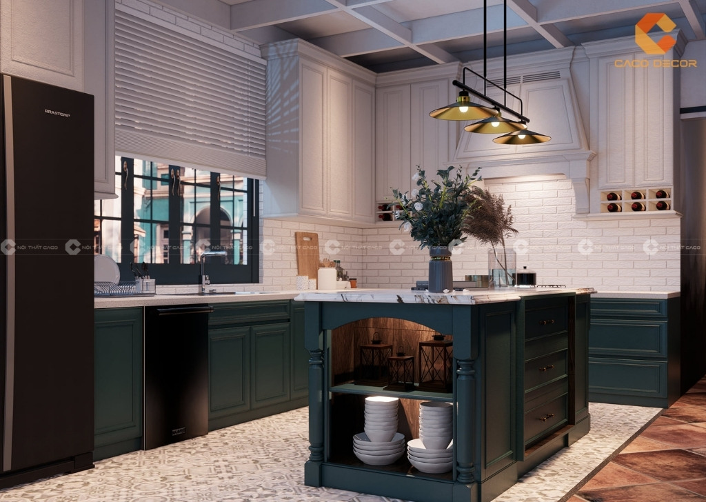 Phong cách tủ bếp Baroque màu xanh phối trắng 