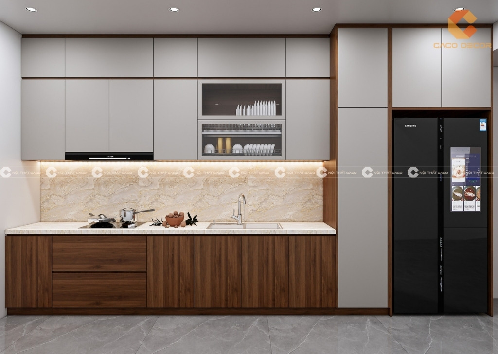 Tủ bếp gỗ công nghiệp phủ melamnie hiện đại 