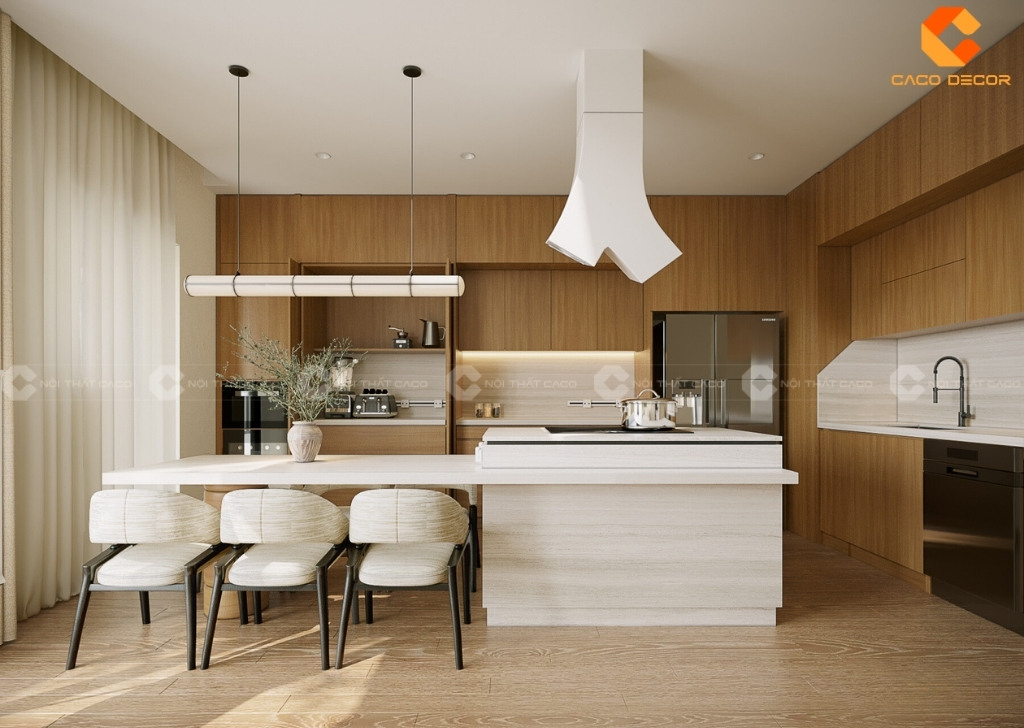 Tủ bếp có bàn đảo tiện ích, tiết kiệm không gian