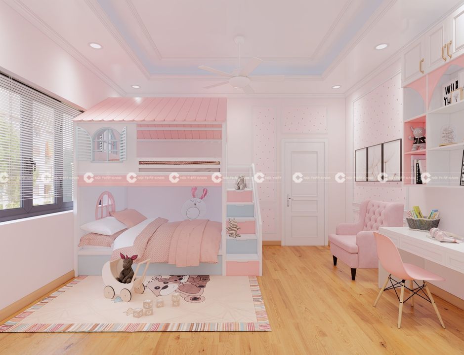 Thiết kế thi công nội thất phòng trẻ em màu hồng pastel cho bé gái tại quận 12 1