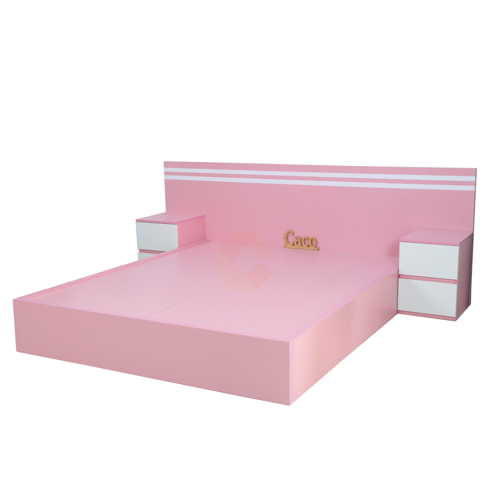 Giường ngủ gỗ MDF Melamine màu hồng kết hợp hai tủ đầu giường được làm từ gỗ MDF phủ melamin