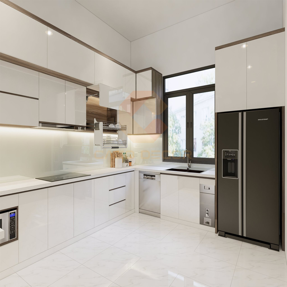 Tủ bếp Acrylic màu trắng có thiết kế hiện đại không chỉ giúp bạn có thể dễ dàng nấu ăn
