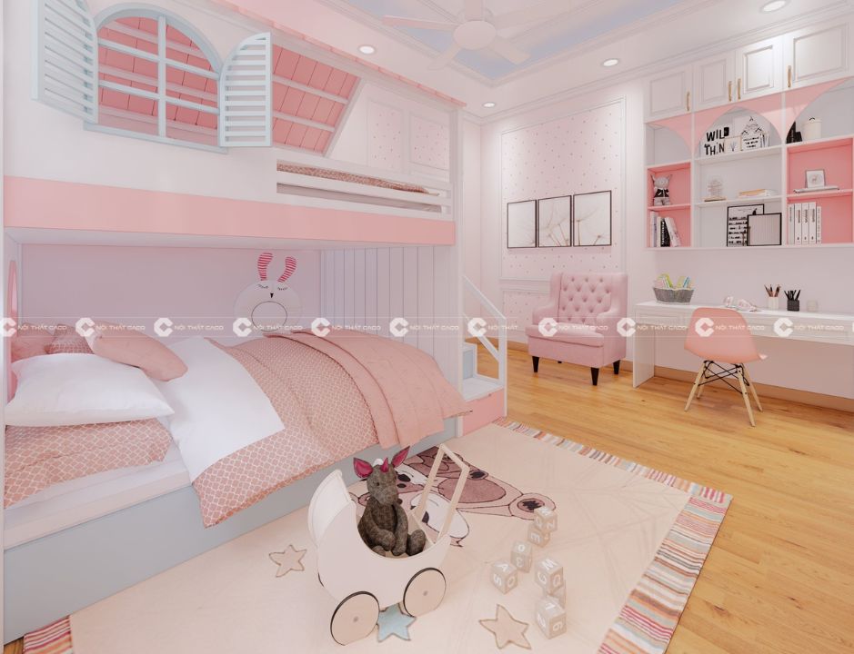 Thiết kế thi công nội thất phòng trẻ em màu hồng pastel cho bé gái tại quận 12 3