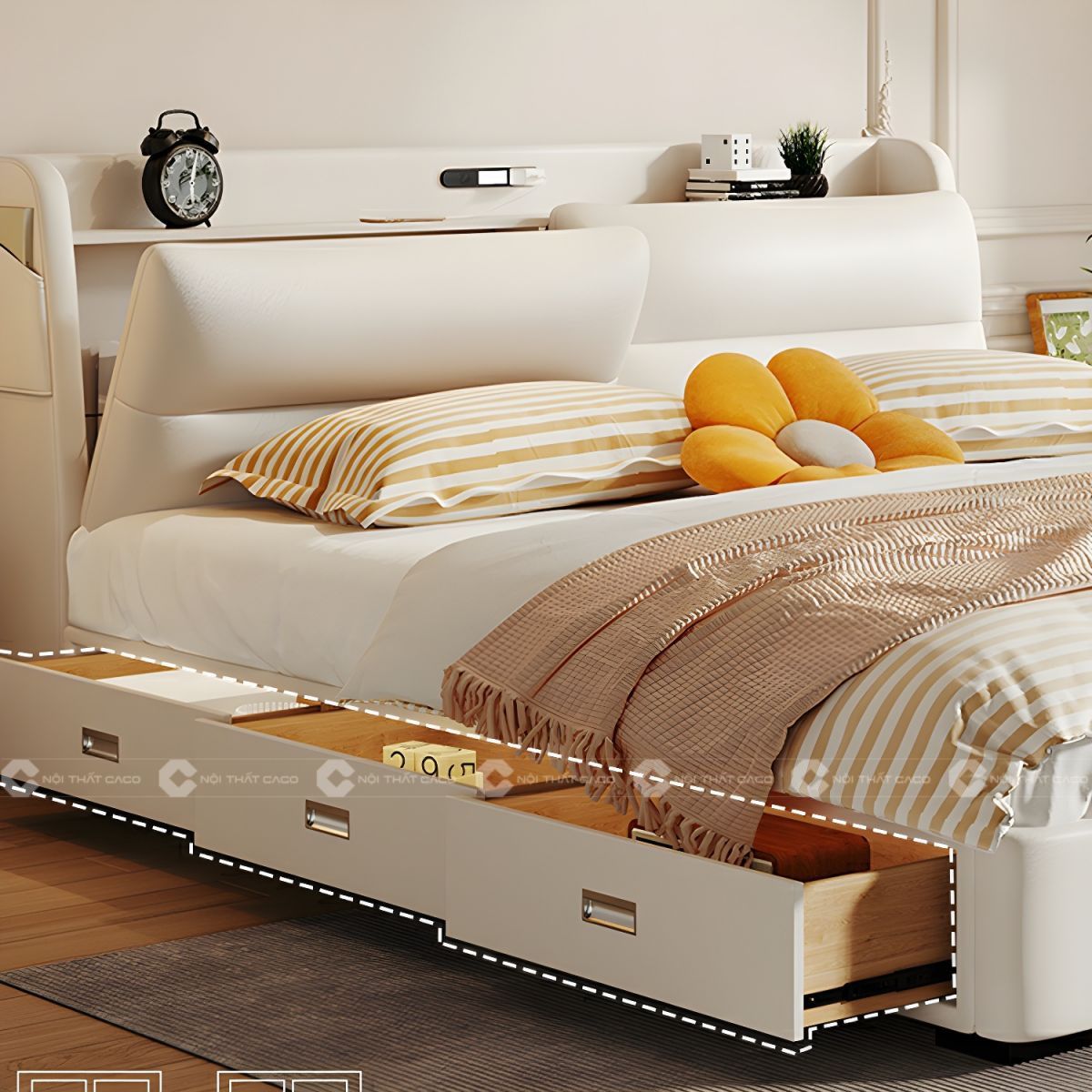 Giường ngủ gỗ công nghiệp màu trắng có hộc kéo thông minh 