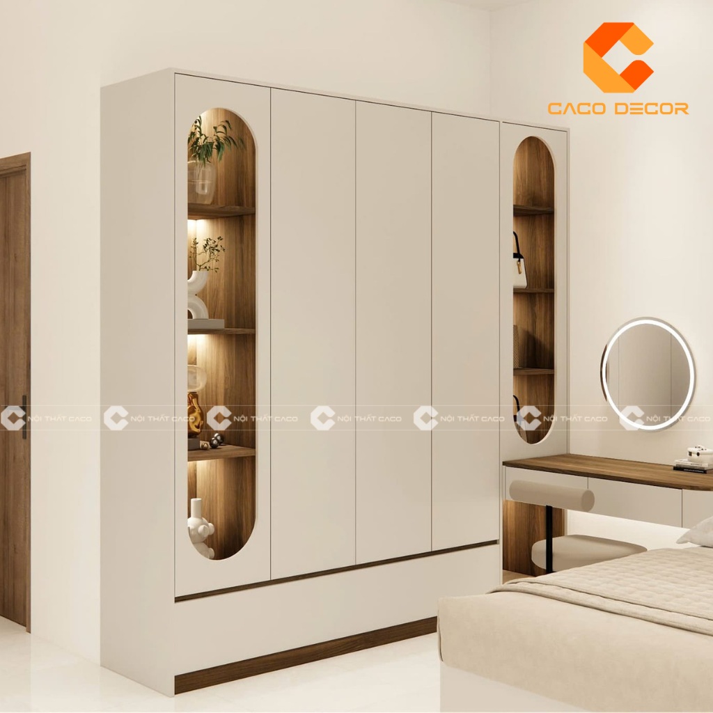 Tủ quần áo màu trắng hiện đại kết hợp kệ trang trí 