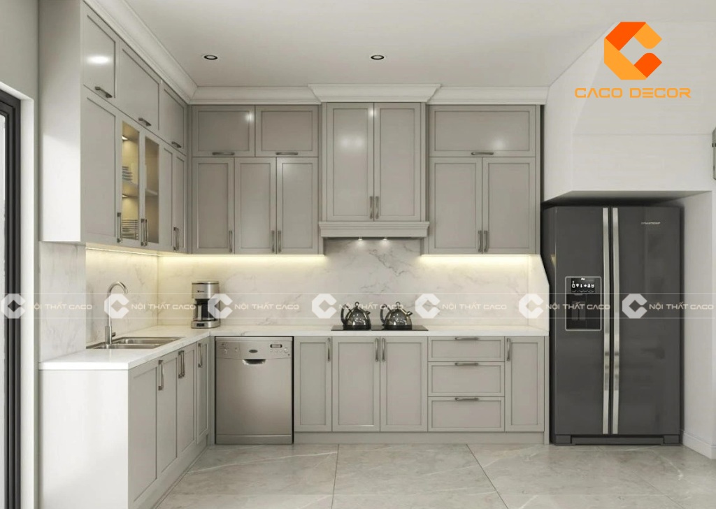 Tủ bếp gỗ tự nhiên tân cổ điển thiết kế tạo điểm nhấn nổi bật cho nội thất bếp