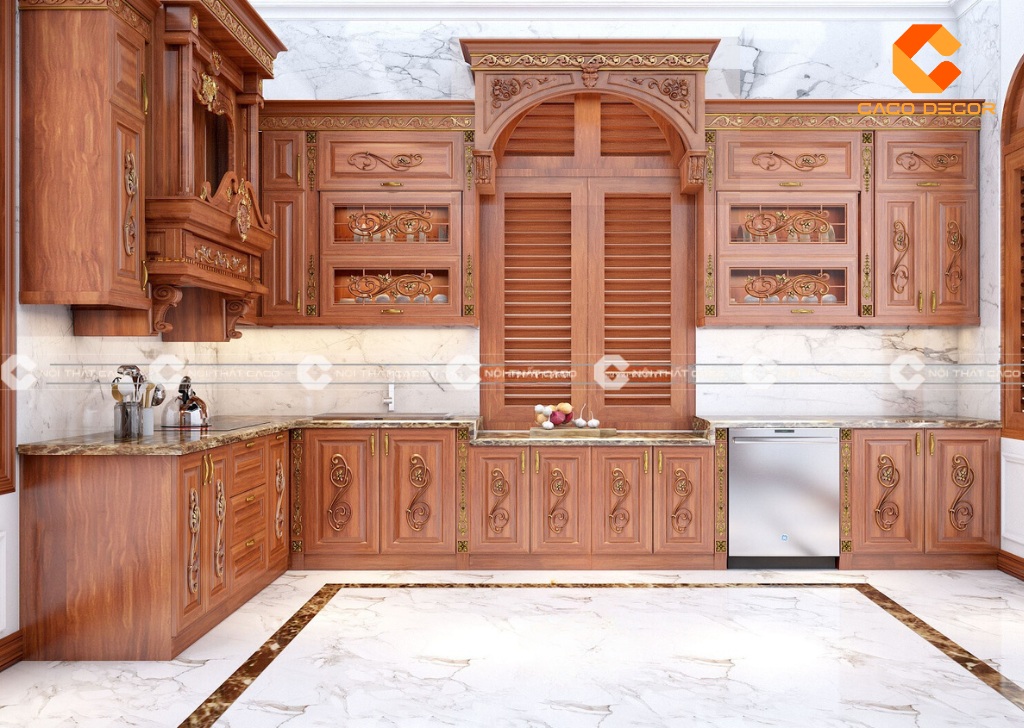 Mẫu tủ bếp gỗ tự nhiên tân cổ điển sản xuất bởi CaCo mã 01 