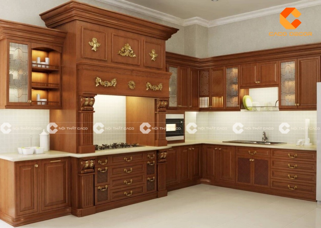 Tủ bếp gỗ tự nhiên tân cổ điển kiểu chữ L rộng rãi