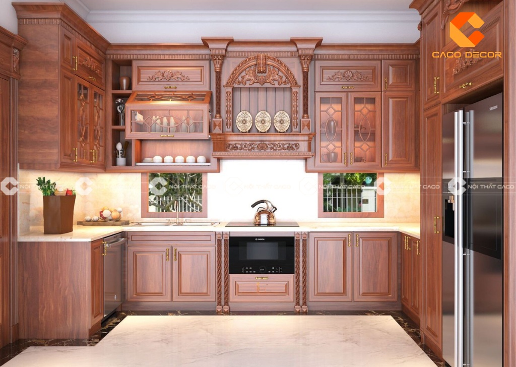 Tủ bếp gỗ tự nhiên tân cổ điển kiểu chữ U  tạo không gian bếp khép kín