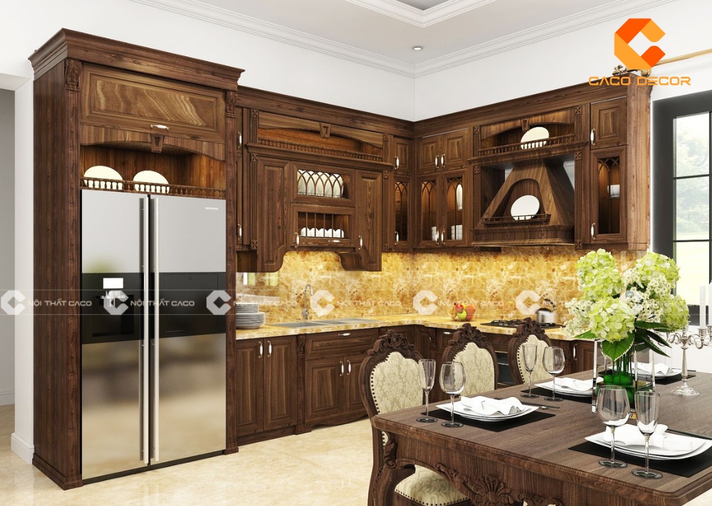 Mẫu tủ bếp gỗ tự nhiên tân cổ điển sản xuất bởi CaCo mã 02