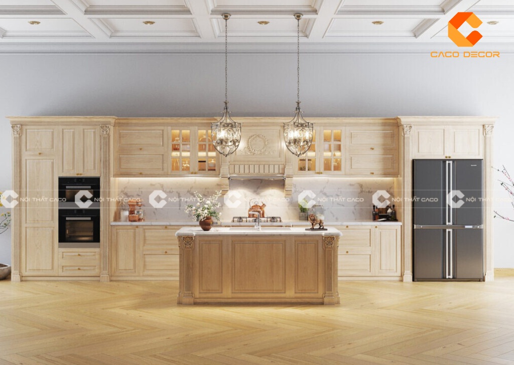 Mẫu tủ bếp gỗ tự nhiên tân cổ điển sản xuất bởi CaCo mã 03