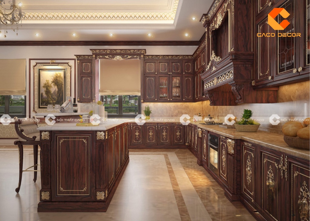 Tủ bếp gỗ tự nhiên tân cổ điển tạo nên vẻ đẹp đẳng cấp và độ bền cao