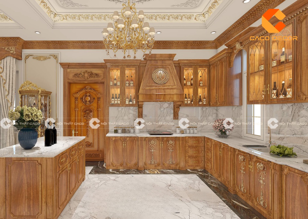 Mẫu tủ bếp gỗ tự nhiên tân cổ điển sản xuất bởi CaCo mã 04